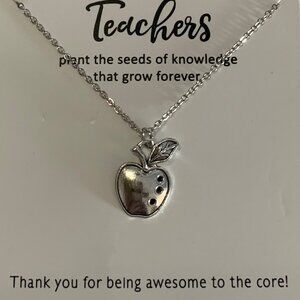 Cute Silver Teacher Apple Carded Necklace